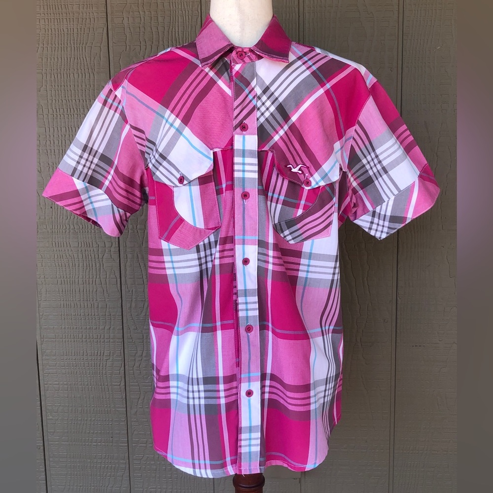Hollister Pink/White Short Sleeve Button Down Shirt. Size- M